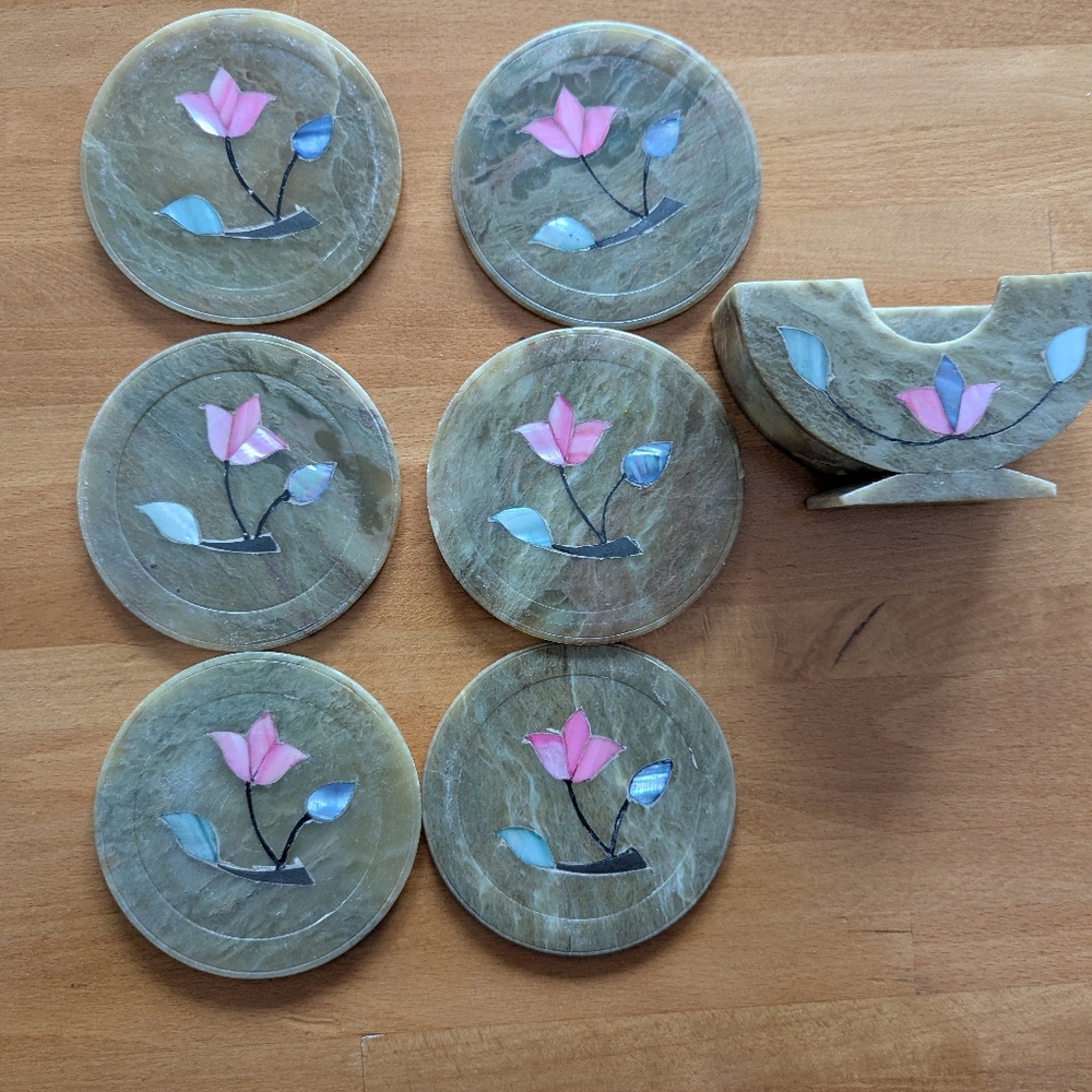 Vintage Hand Made SoapStone 6 Coasters in each set Floral Inlay Mother of Pearl